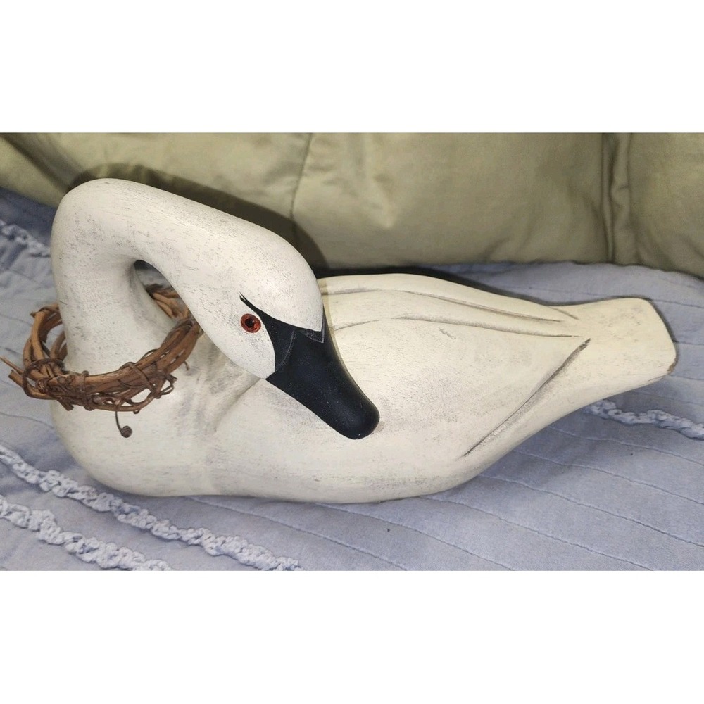 Vintage Hand Carved Wood Goose Swan Wooden Decoy Folk Art W Glass Eye Cottagecor